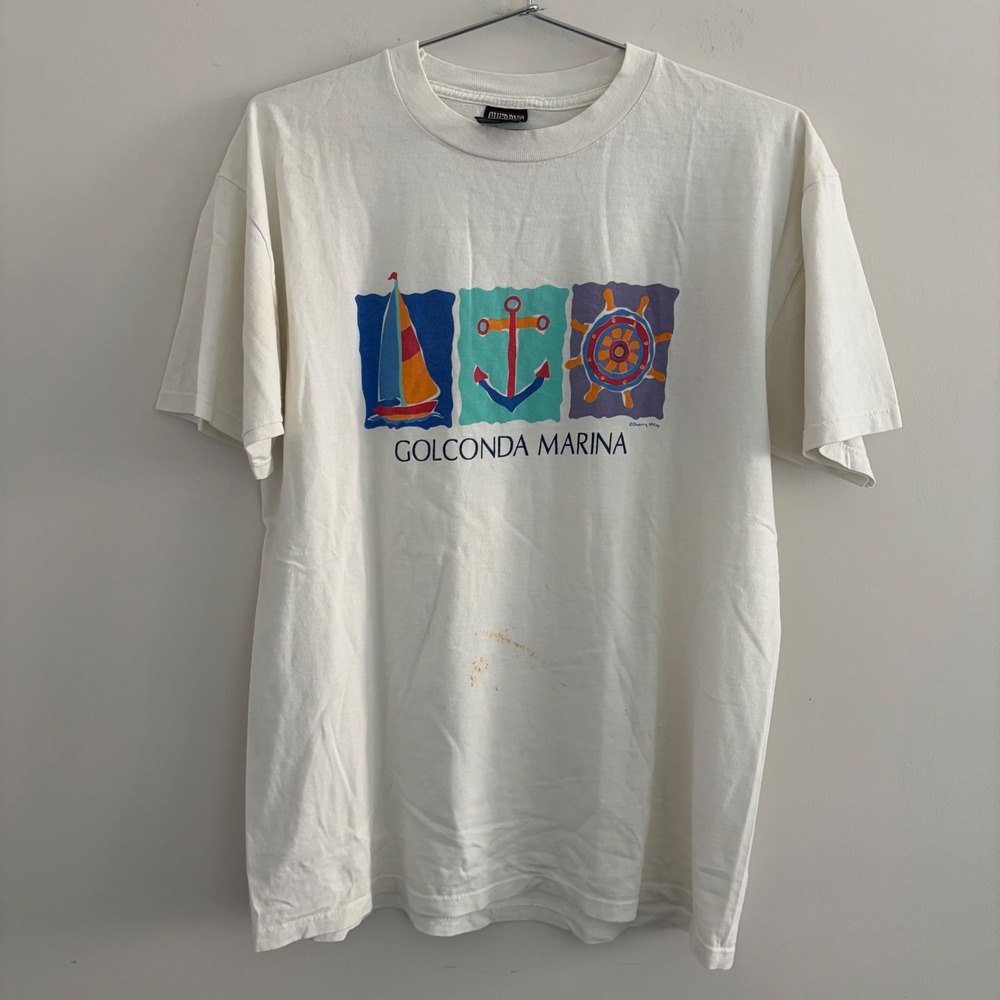 Vintage Sherry's Best Golconda Marina T-Shirt White Large Nautical 90s USA Made